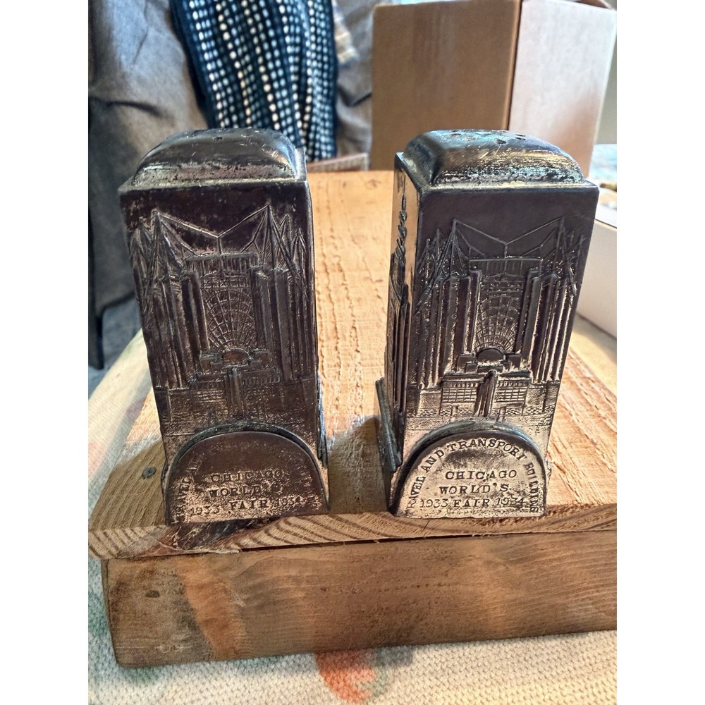 1934 Chicago Worlds Fair Salt & Pepper Shakers Art Deco Cast Metal Souvenir